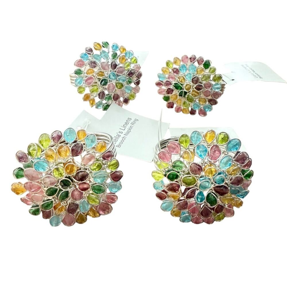 Leila’s Linens Brooch Napkin Rings Set of 4 boho glass silver tone NWT